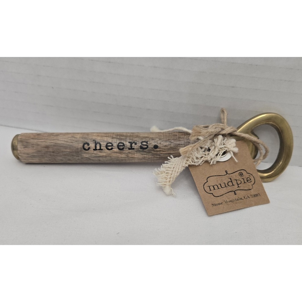 Mudpie NWT Natural Wood Handle Brass Bottle Opener Engraved Cheers Barware 6"